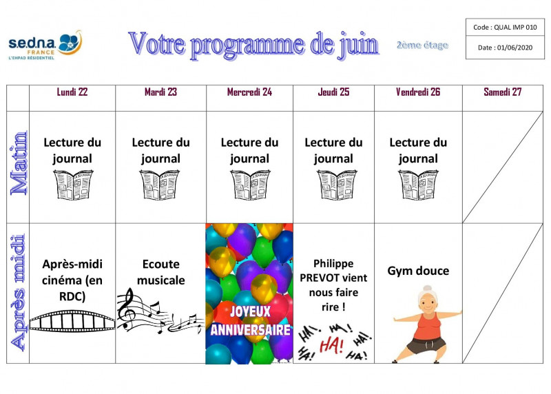 Le planning des activités de Juin par étages