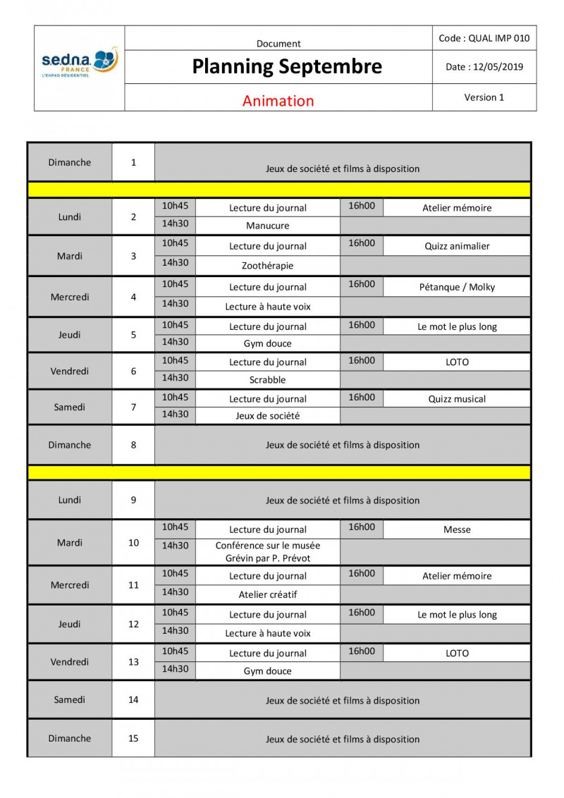 Planning des animations du mois de Septembre 2019