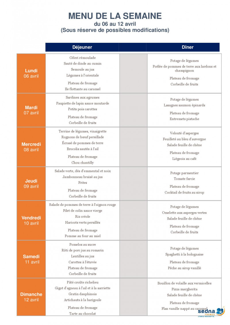 Les menus de votre EHPAD du 06 au 12 avril 2020