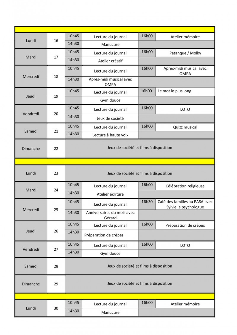 Planning des animations du mois de Septembre 2019