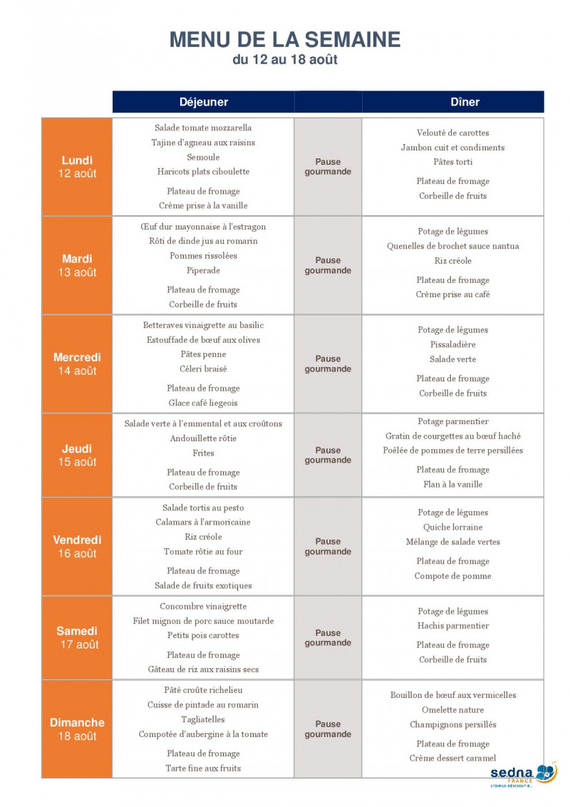 Menu de la résidence pour le mois d'Août