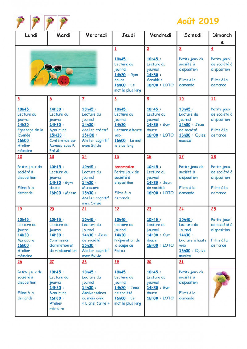 Planning mensuel du mois d'août