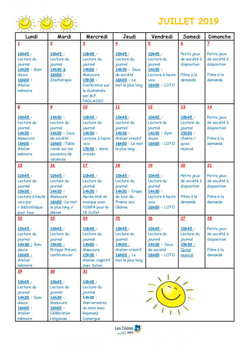 Planning mensuel des animations du mois de Juillet