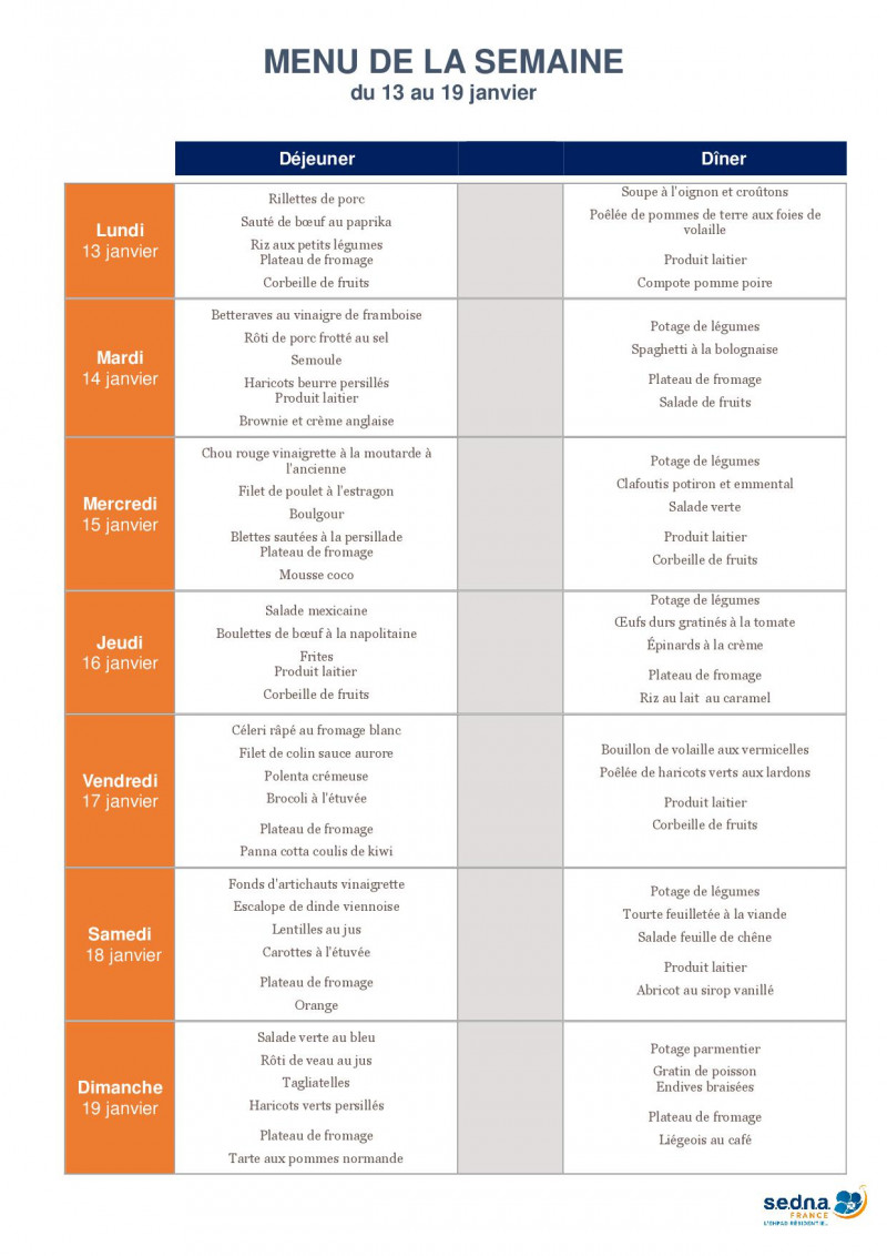 Menus de la résidence pour le mois de Janvier