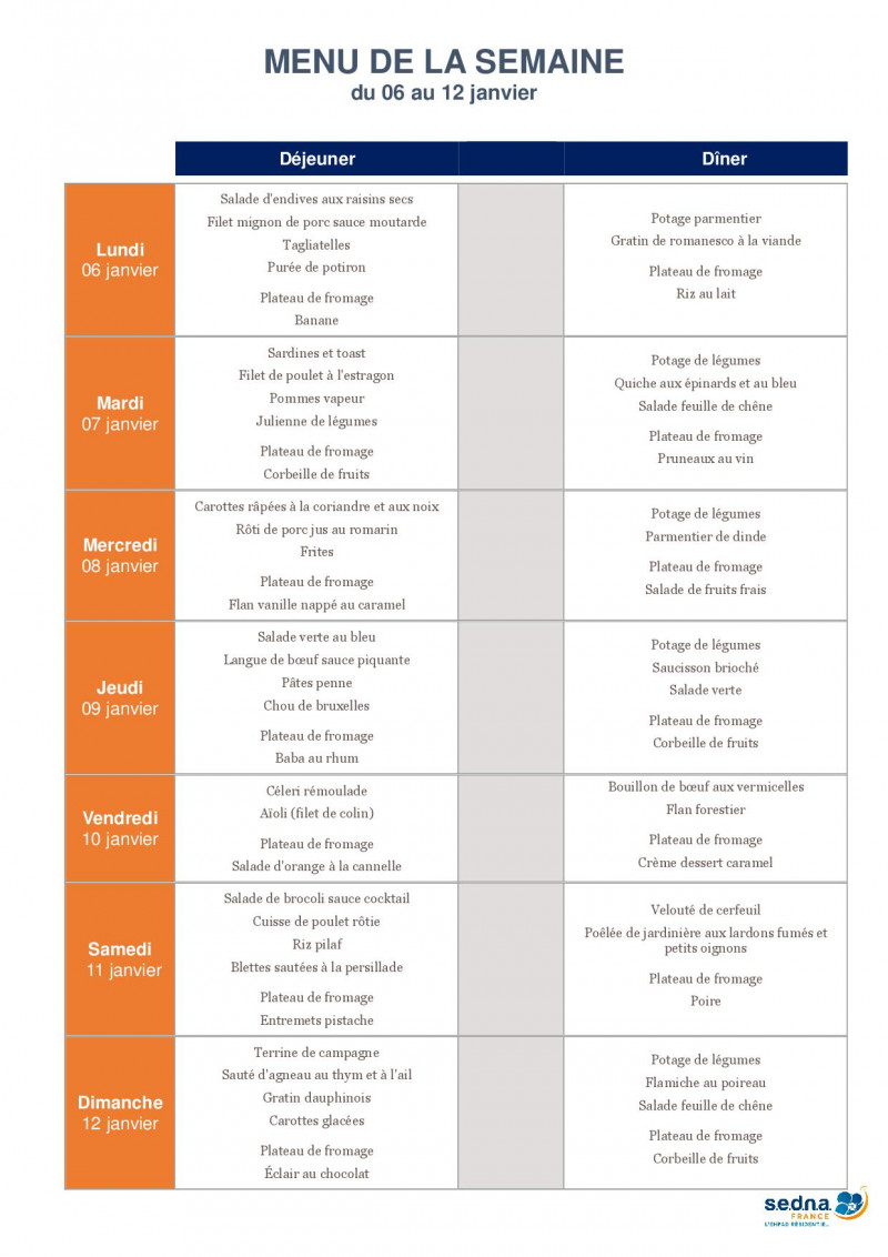 Menus de la résidence pour le mois de Janvier