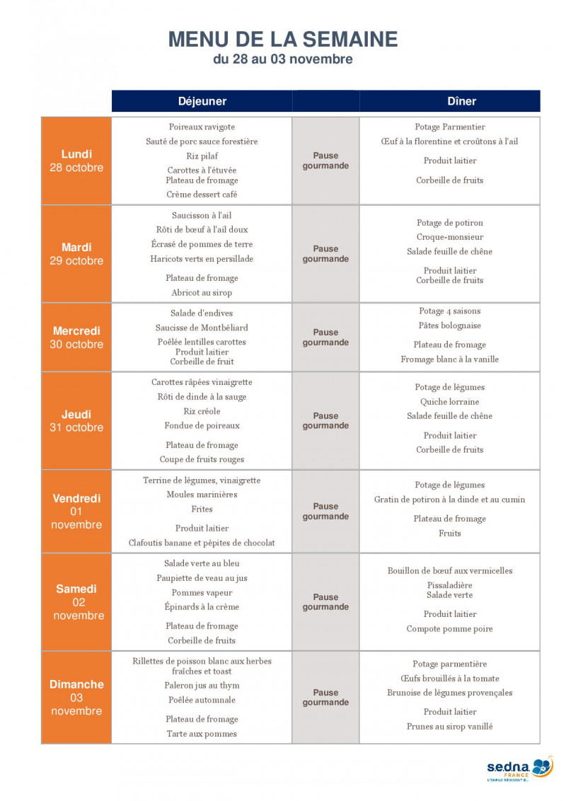 Menus de la résidence pour le mois de Novembre