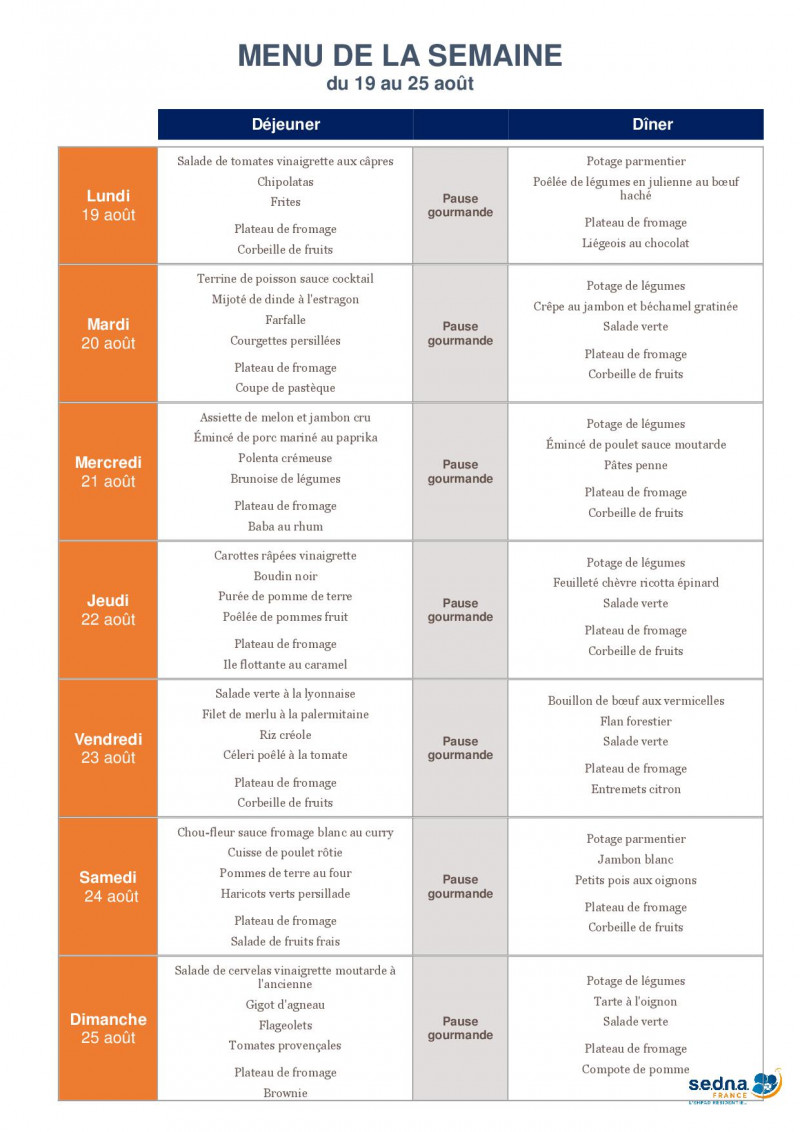 Menu de la résidence pour le mois d'Août