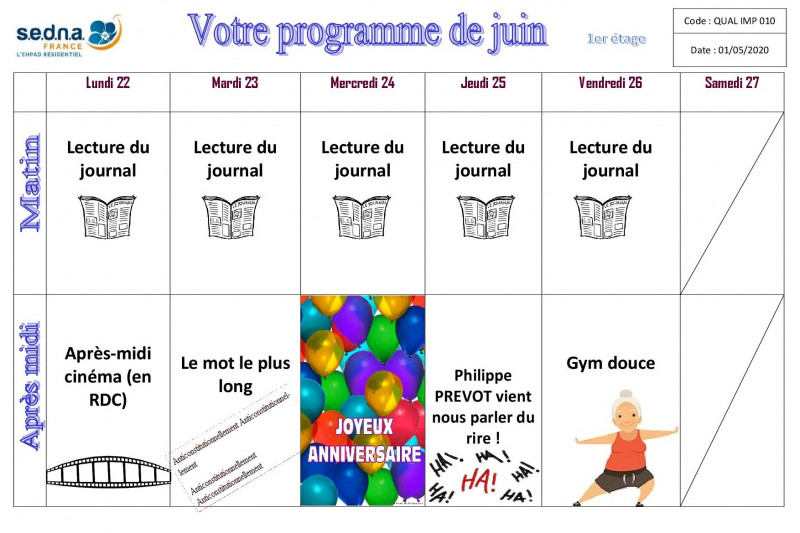 Le planning des activités de Juin par étages