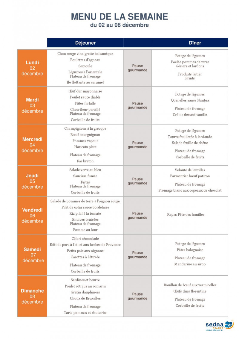 Menus de la résidence pour le mois de Décembre