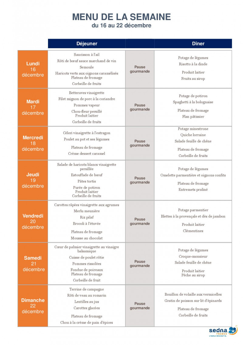 Menus de la résidence pour le mois de Décembre