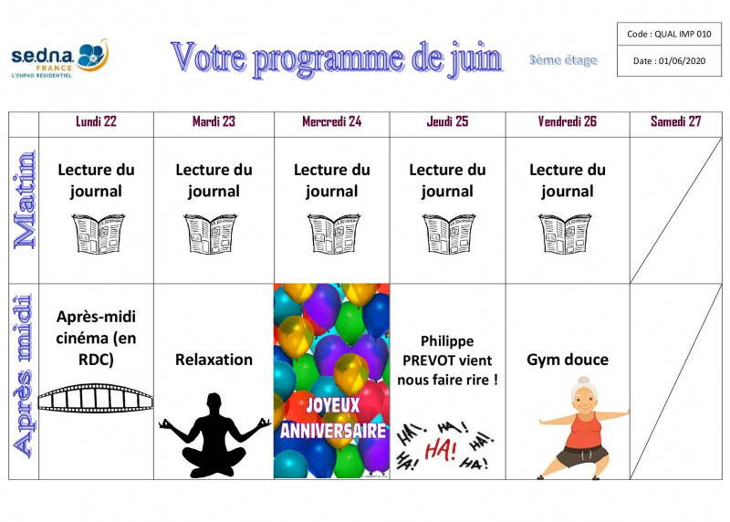 Le planning des activités de Juin par étages