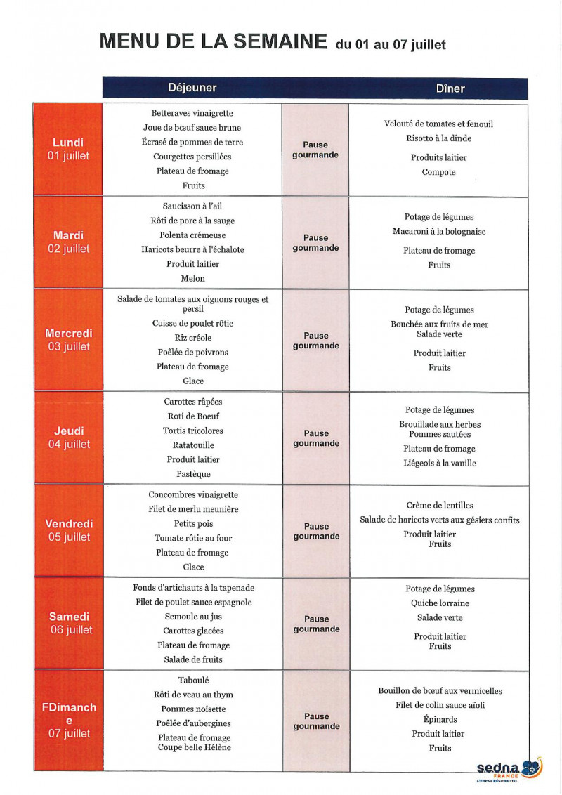 Menu de la résidence pour le mois de Juillet