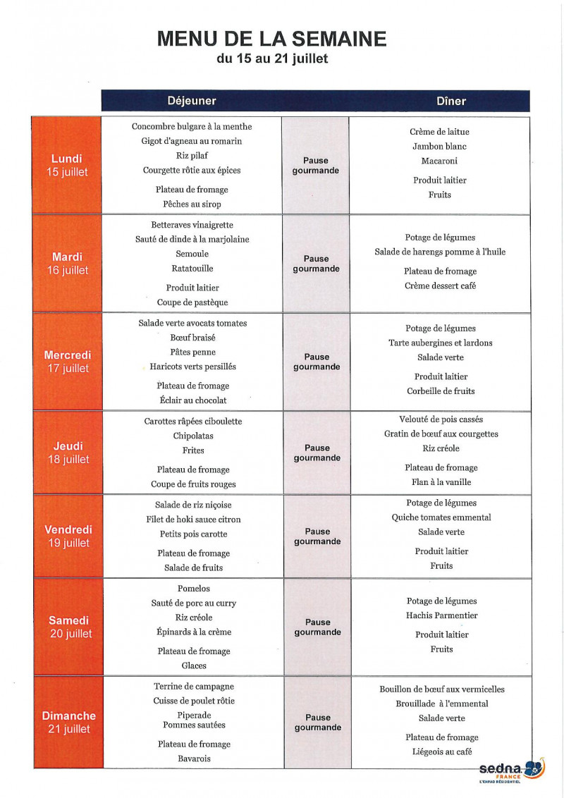 Menu de la résidence pour le mois de Juillet