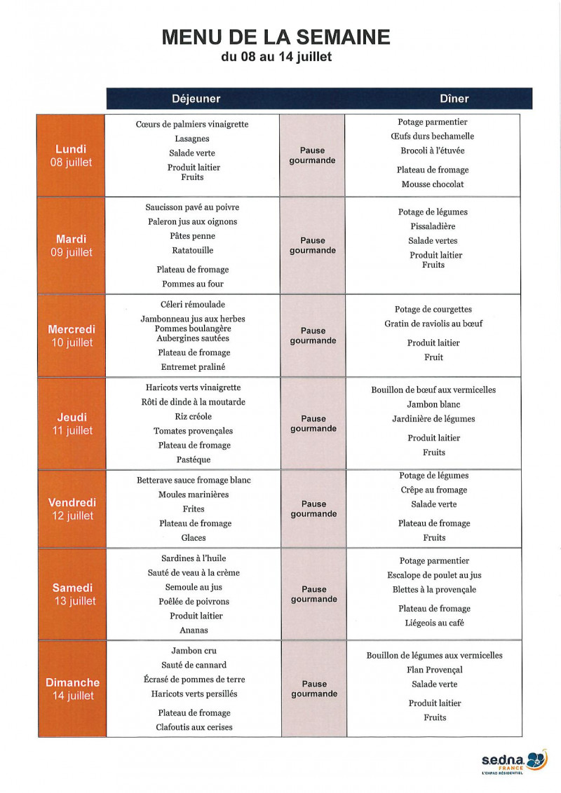 Menu de la résidence pour le mois de Juillet