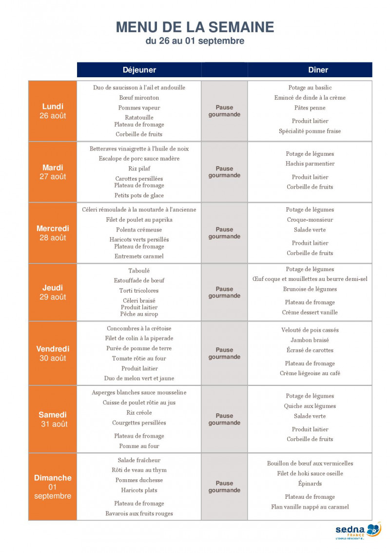 Menu de la résidence pour le mois d'Août